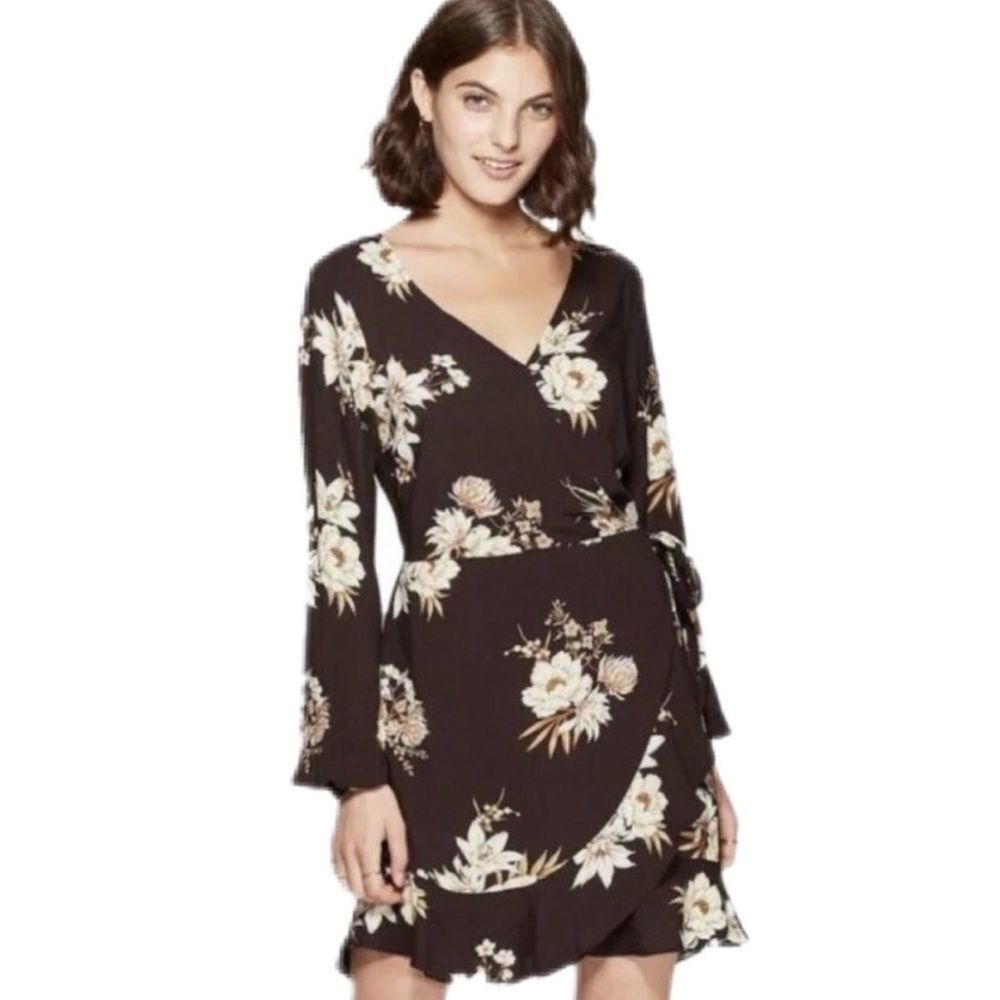 Xhilaration Faux Wrap Floral Ruffle V Neck Long Sleeve Mini Dress Sz JXL NWT